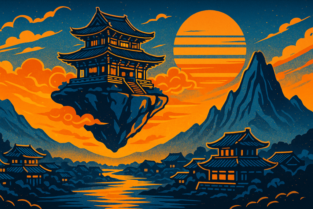 Floating temple over Daeho village at sunset