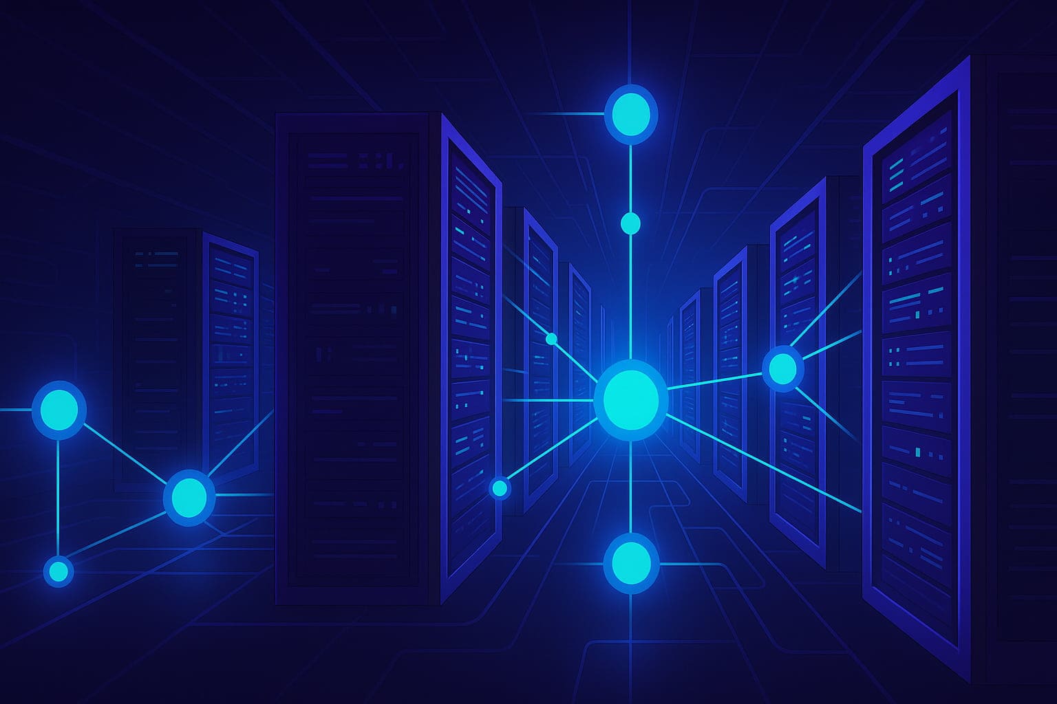 A futuristic data center with interconnected servers and glowing network nodes representing Edge Computing technology and real-time data processing.