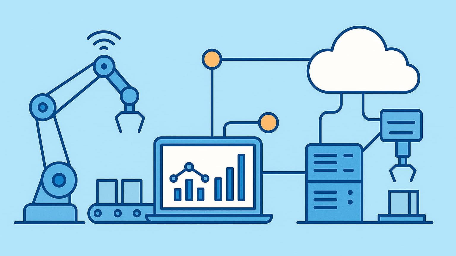 Smart factory floor with robots and sensors connected through Edge Computing systems, demonstrating real-time automation and analytics.