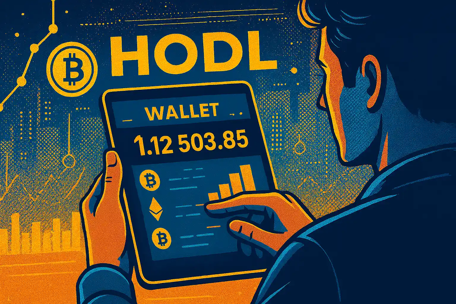 HODL Cryptocurrency investor checking digital wallet on blockchain platform