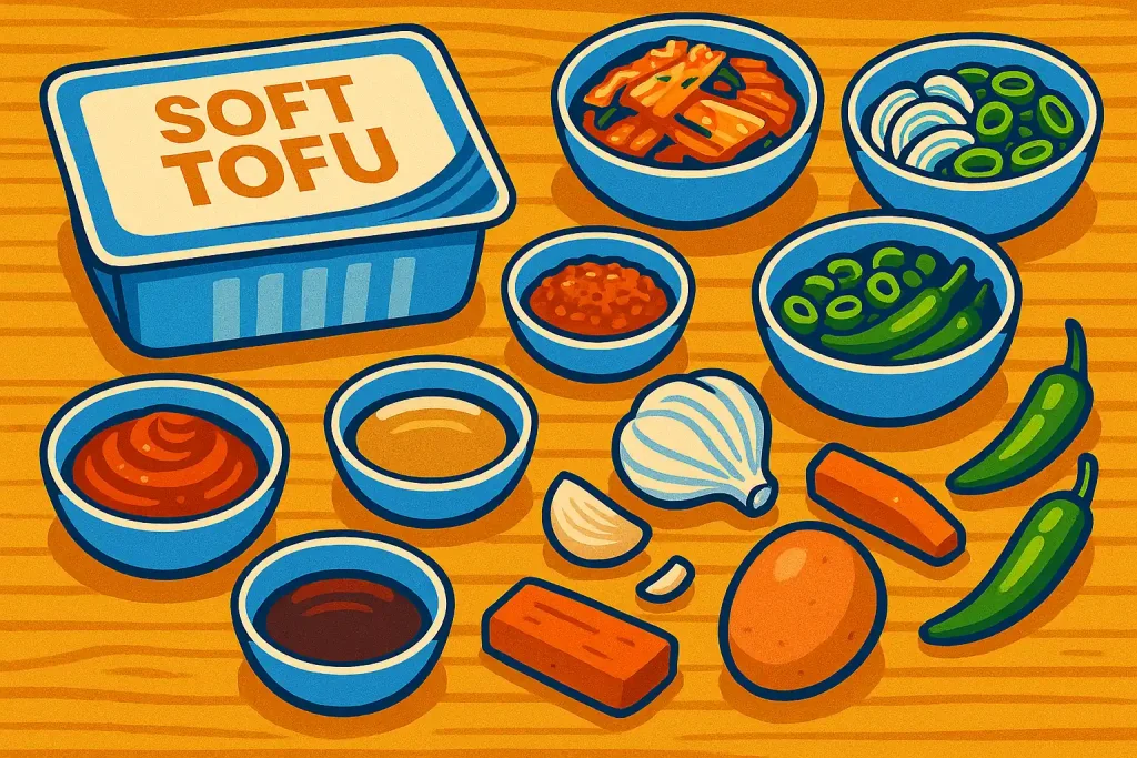 Ingredients for Sundubu-jjigae laid out on a wooden kitchen counter