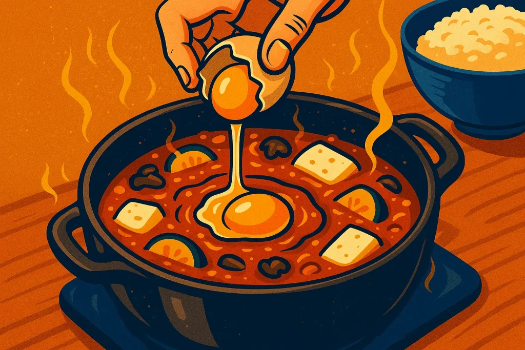 cracking an egg into bubbling Sundubu-jjigae before serving