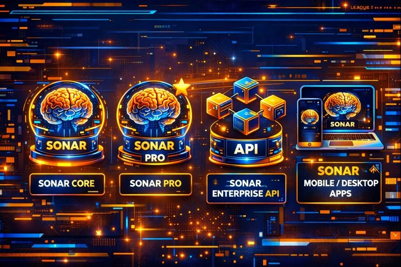 Icons representing different versions of Sonar: Core, Pro, Enterprise API, and Mobile/Desktop apps