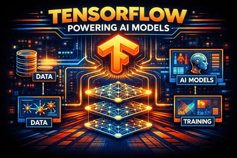 Illustration showing TensorFlow powering artificial intelligence models with interconnected data flow and neural network layers.