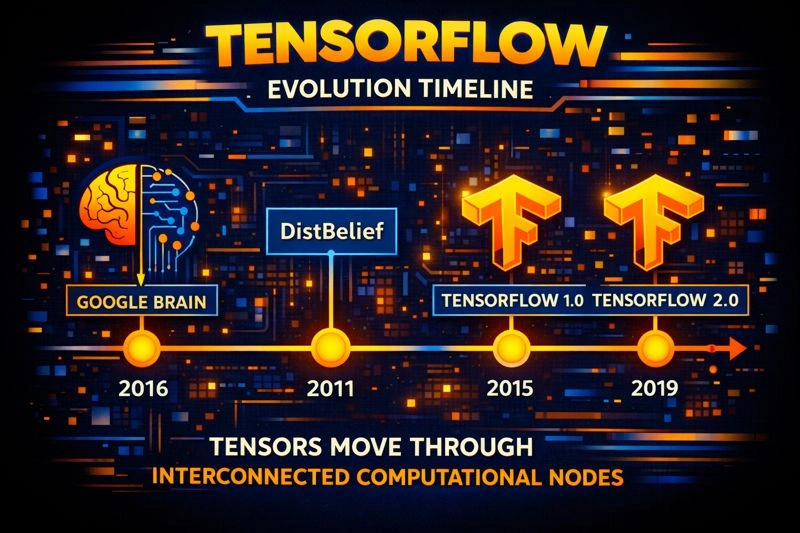 Timeline graphic showing TensorFlow’s evolution from Google Brain and DistBelief to TensorFlow 2.0.