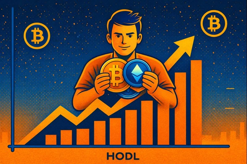 Illustration showing a long-term crypto investor holding digital assets through market ups and downs, symbolizing the HODL strategy.