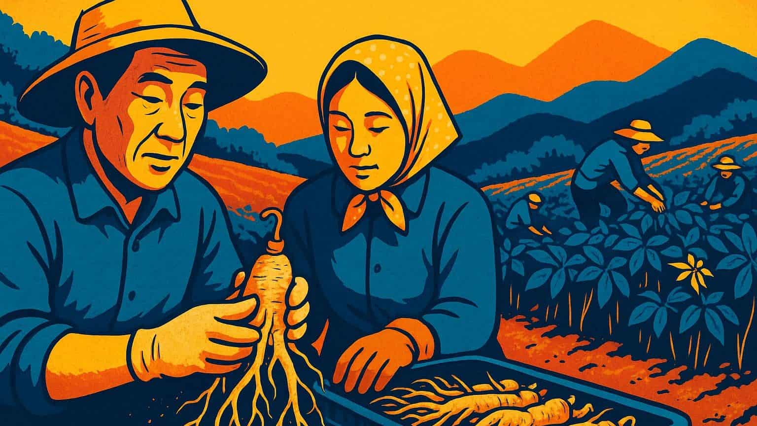 Ginseng roots in a Korean mountain field, showcasing the traditional cultivation process.