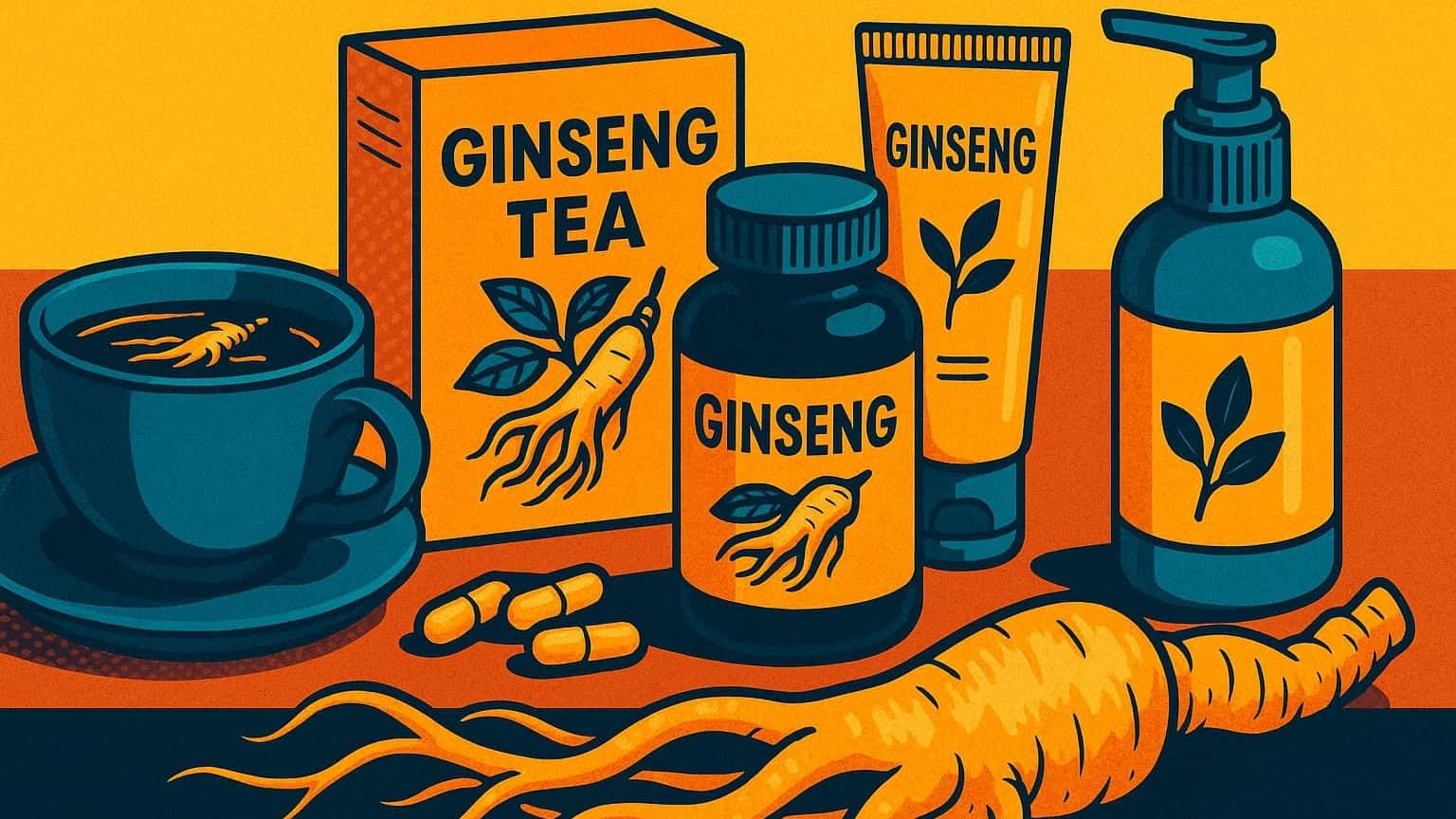 Various Ginseng products including tea, capsules, and skincare items, representing the modern uses of Ginseng in wellness and beauty.