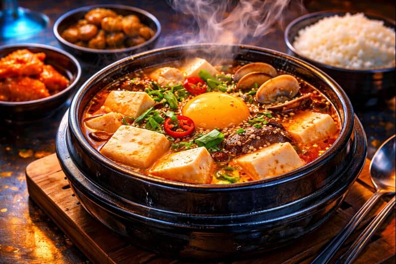 Steaming bowl of sundubu jjigae with tofu