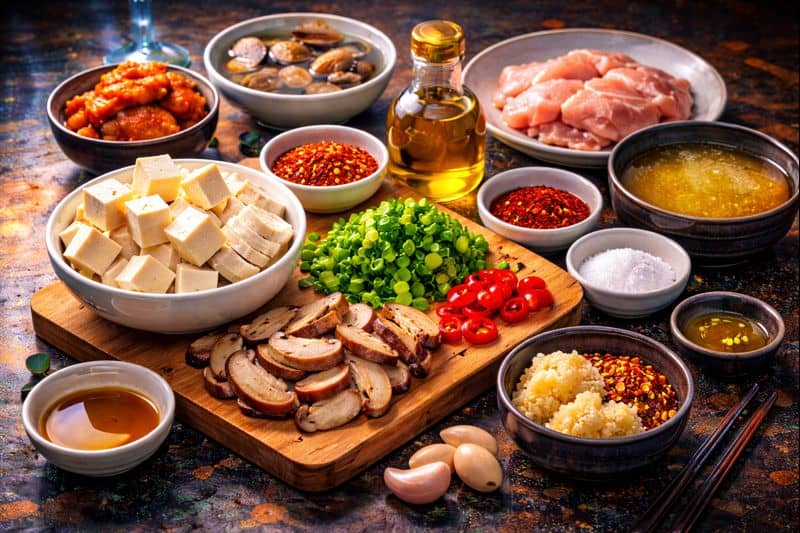Ingredients for sundubu jjigae neatly prepared on counter