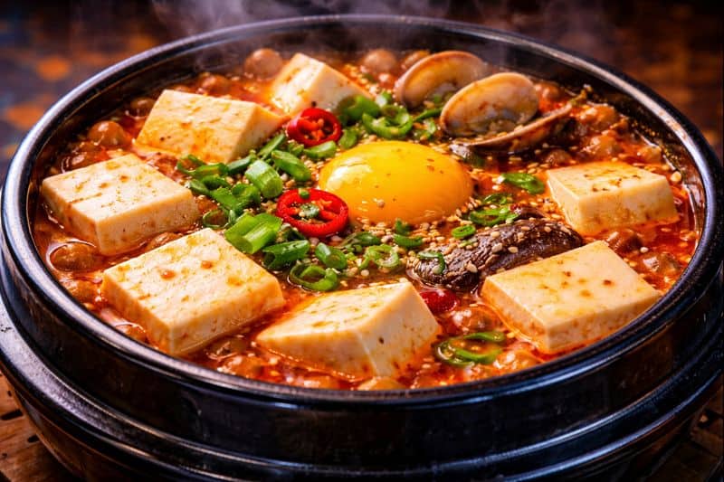 Soft tofu gently simmering in spicy red broth