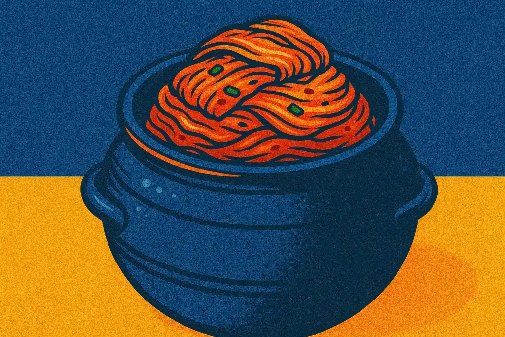 Freshly made Korean kimchi in a traditional ceramic jar.