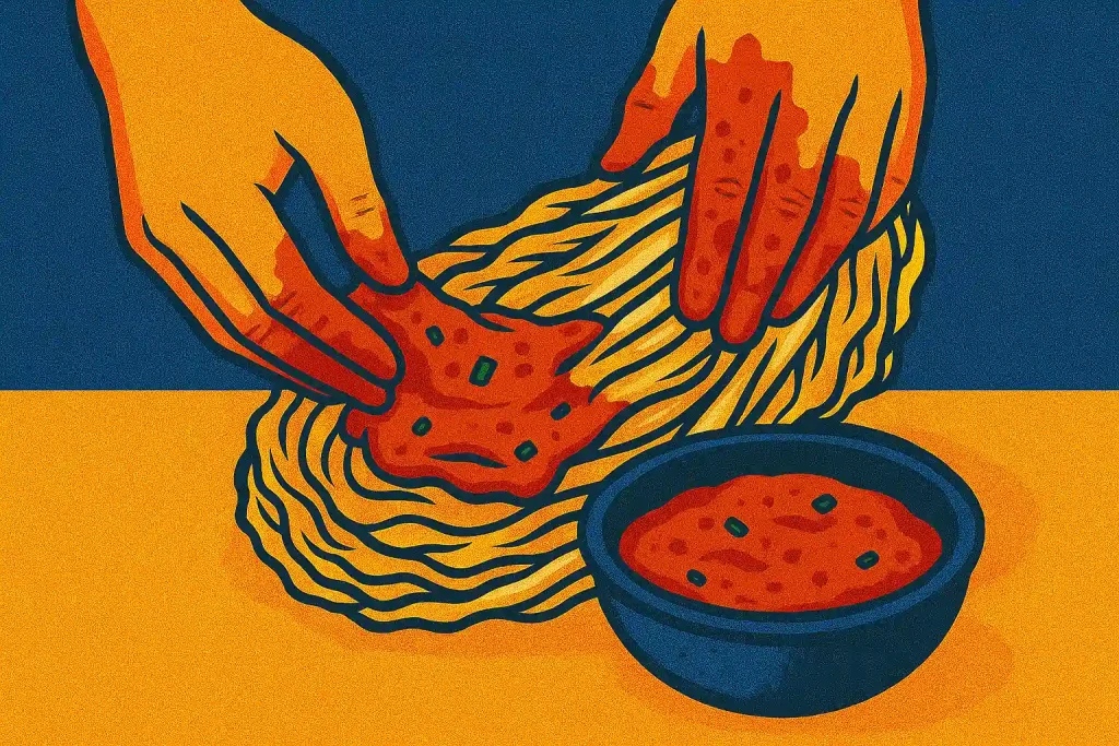 Hands spreading kimchi seasoning paste on cabbage leaves.