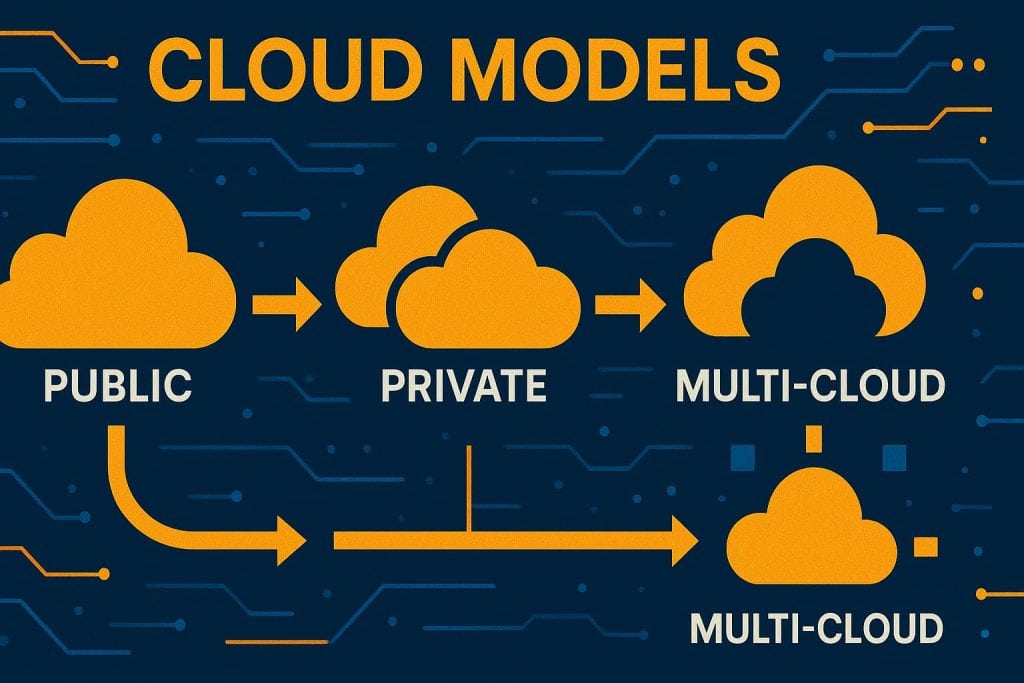 Diagram illustrating public, private, hybrid, and multi-cloud models working together for flexible data management.
