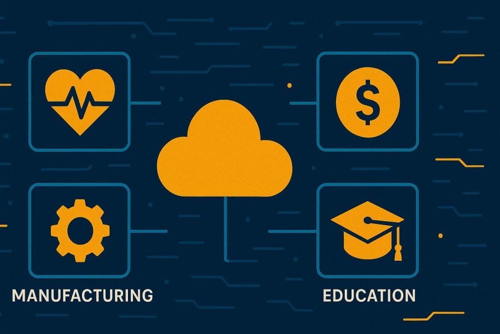 Visualization of industries using cloud-based technology, including healthcare, finance, manufacturing, and education