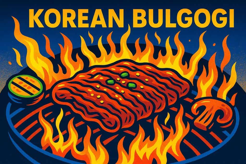 Korean Bulgogi beef sizzling on grill with vegetables