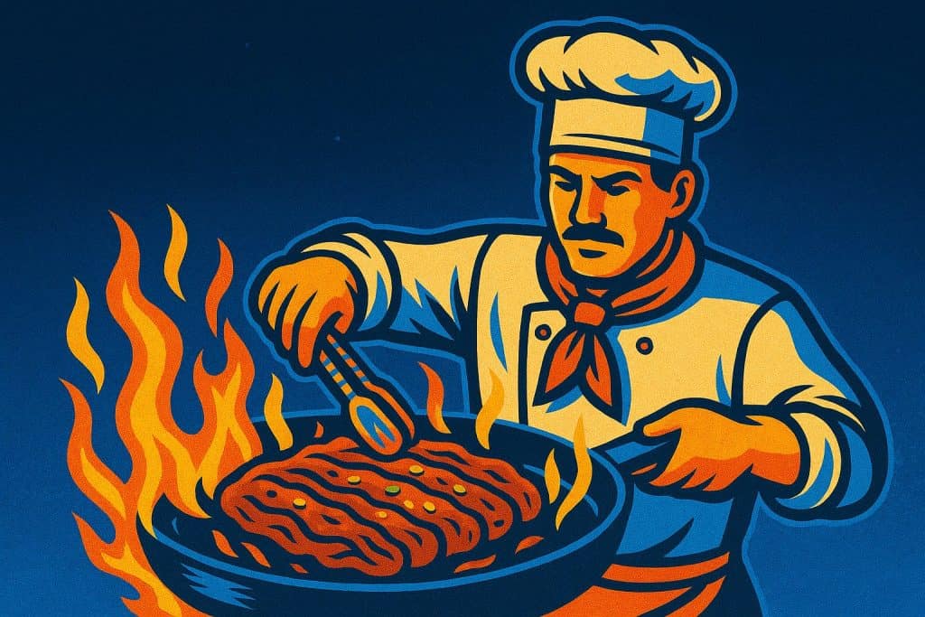 Chef grilling marinated bulgogi beef on sizzling pan