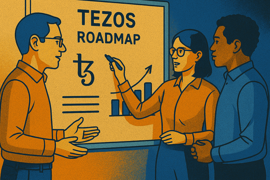 Founders discussing Tezos roadmap on whiteboard during meeting