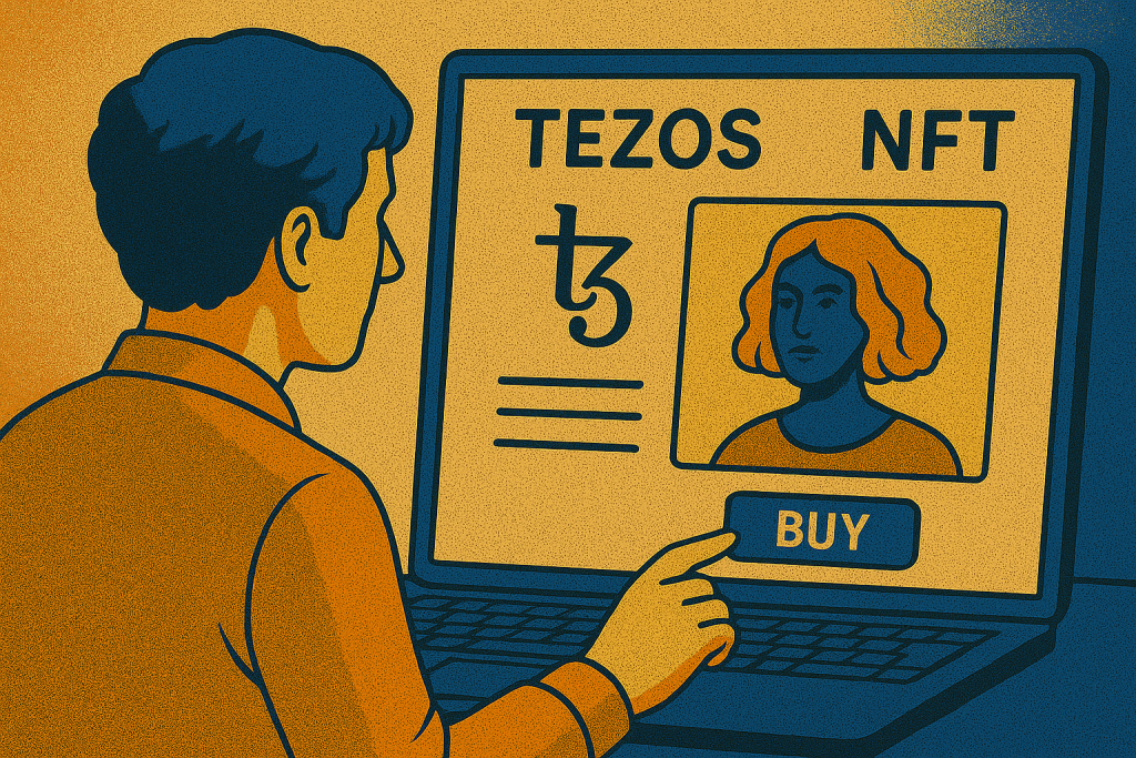 Collector buying Tezos NFT artwork on marketplace screen