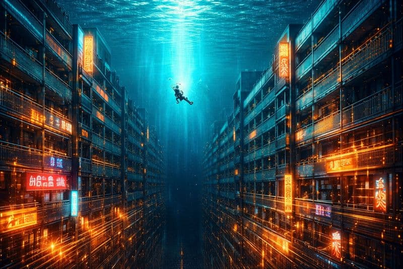 Flooded city streets with survivors struggling to escape