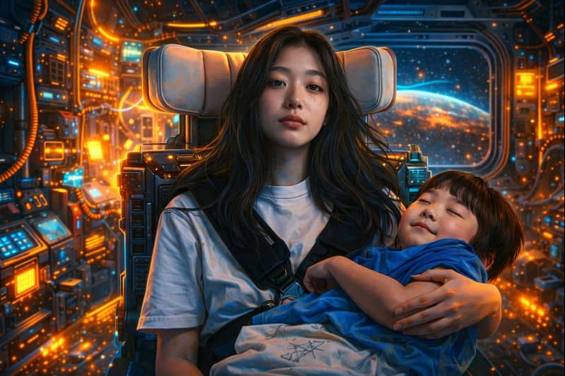 Woman cradles sleeping child