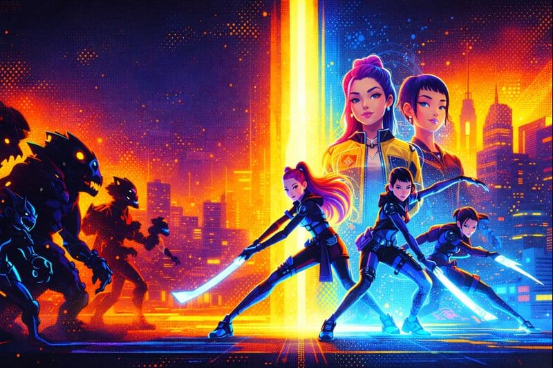 kpop demon hunters face monsters in cyberpunk cityscape.