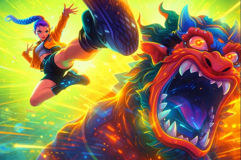 Rumi heroine midair-kicks roaring cyber beast, pop-cyberpunk.