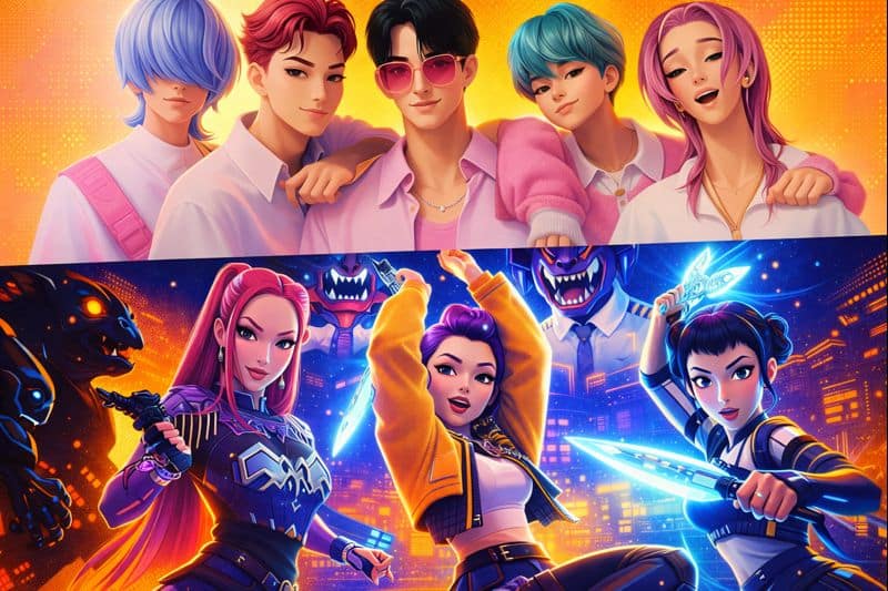 Split-banner: pop idols above, neon heroines below.