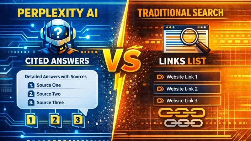 Diagram comparing Perplexity AI with traditional search engines using links vs. cited answers