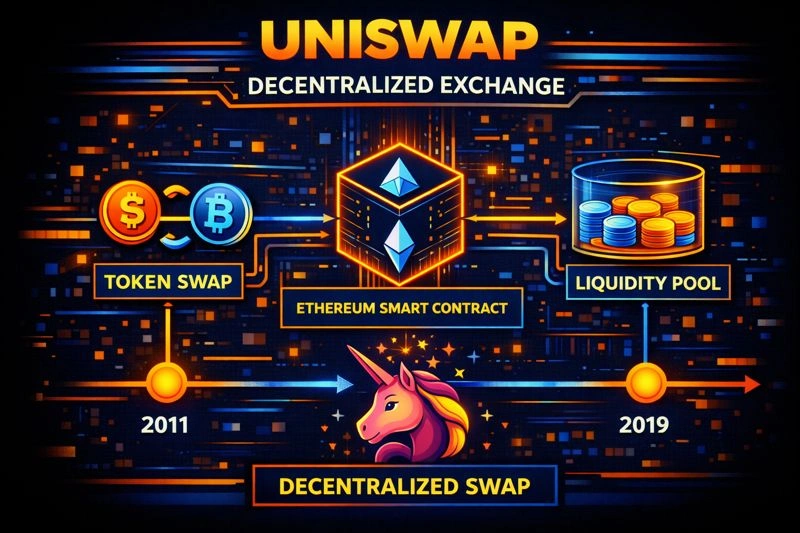 Illustration of Uniswap's decentralized exchange process with token swaps, liquidity pools, and Ethereum smart contracts.