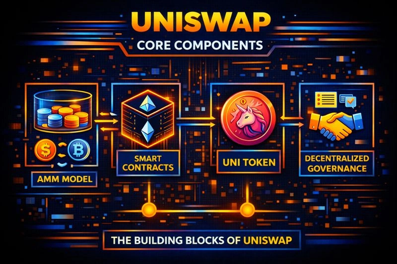 Infographic highlighting the core components of Uniswap: AMM model, smart contracts, UNI token, and decentralized governance.
