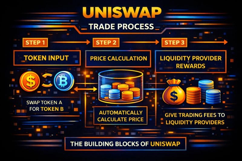 Step-by-step visual of a Uniswap trade, from token input to price calculation and liquidity provider rewards.