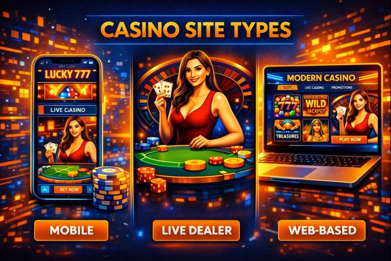 Visual comparison of various types of casino sites, including mobile, live dealer, and web-based platforms