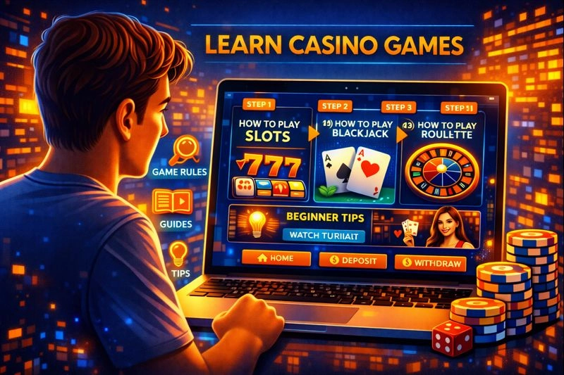 Illustration of a new player studying online casino game rules with step-by-step guides and tutorial icons on screen