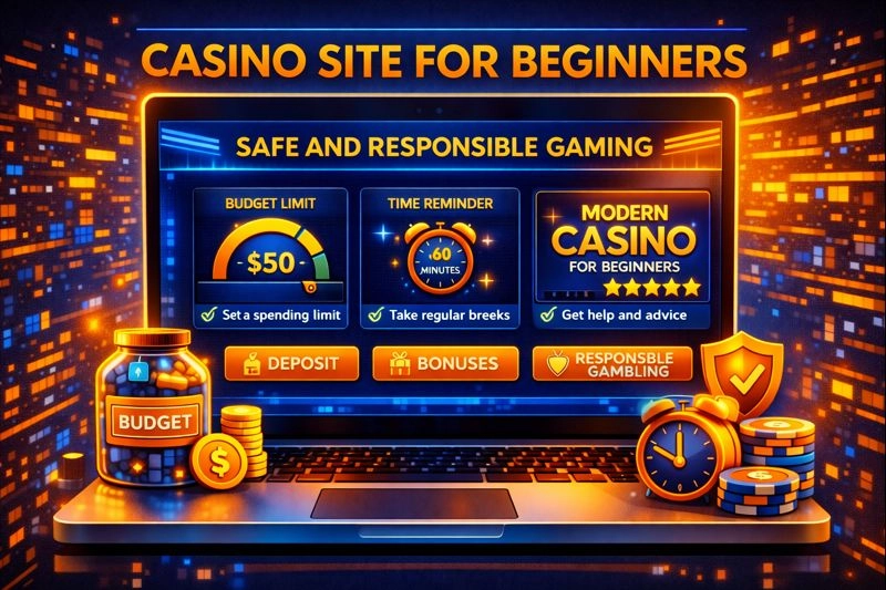Illustration of a new player studying online casino game rules with step-by-step guides and tutorial icons on screen