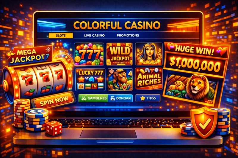 Colorful Casino Site homepage on a laptop screen showing a variety of slot game icons, spinning reels, and jackpot banners