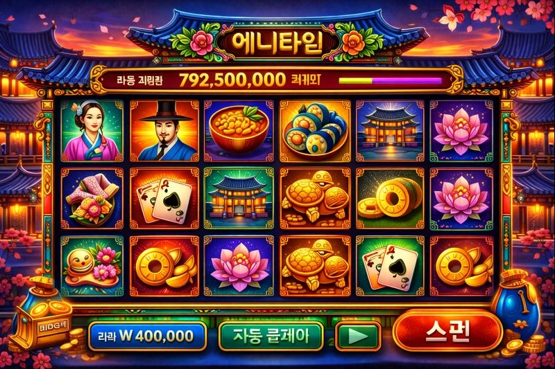 Slot machine interface featuring Korean-themed elements like traditional hanbok, Korean food symbols, and temple backgrounds