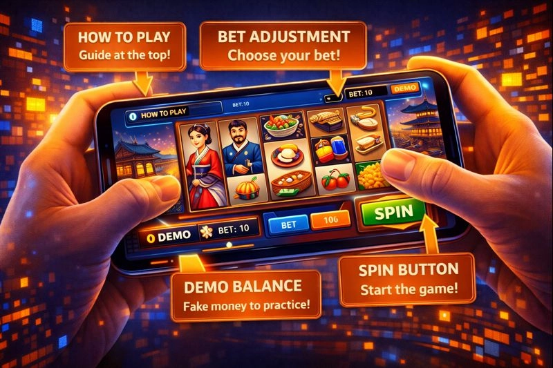 User testing a demo slot game on a mobile phone with instructional tooltips and highlighted buttons explaining how to play