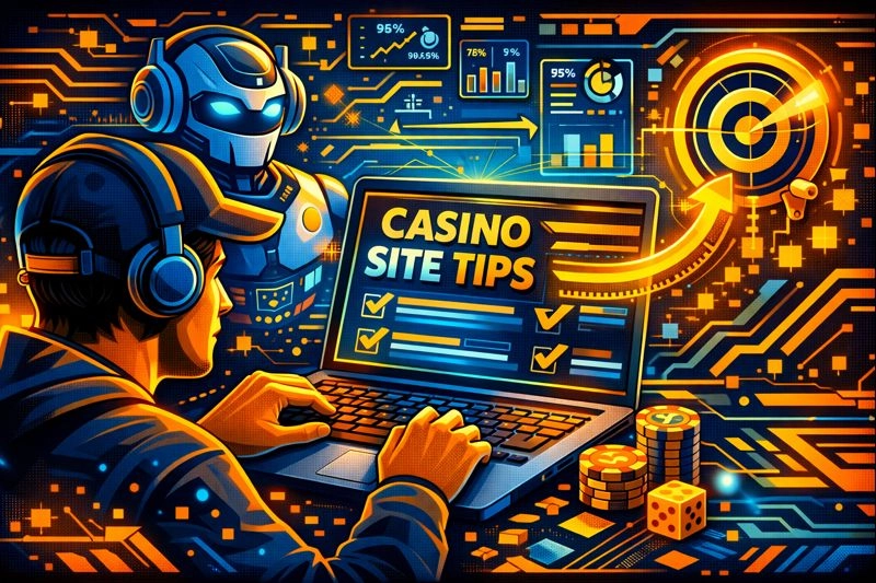 User reviewing Casino Site Tips on a laptop with graphs and AI interface in the background
