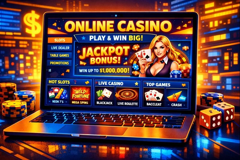 Laptop showing online casino homepage