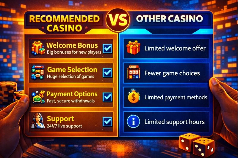 List comparing casino site reviews features side-by-side