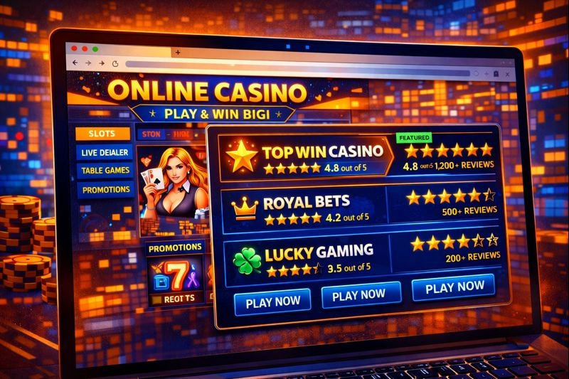 Browser showing casino site with rating overlay