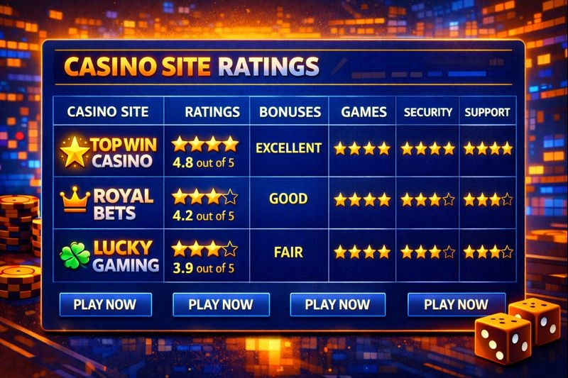 Spreadsheet comparing casino site ratings