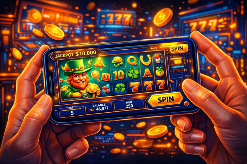 Person playing mobile casino site slot game in landscape mode