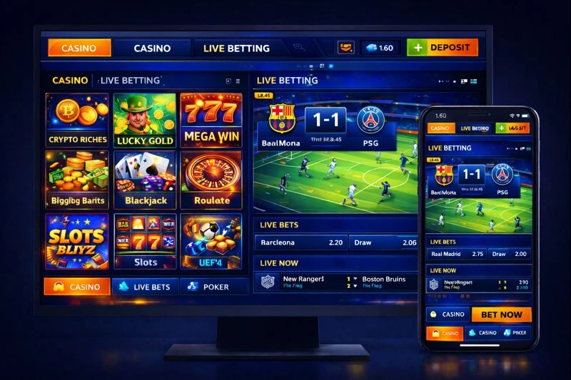 Desktop and Mobile versions of the betting platform — with Real Madrid vs Manchester City in the live betting section.