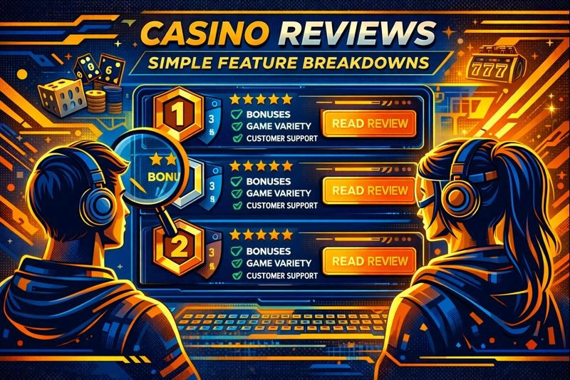 Players exploring casino reviews with simple feature breakdowns