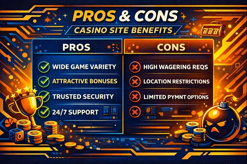 Pros and cons table highlighting Casino Site Toprated