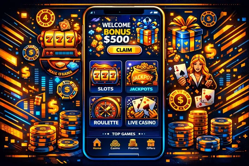 Mobile casino dashboard with games and bonuses overview.