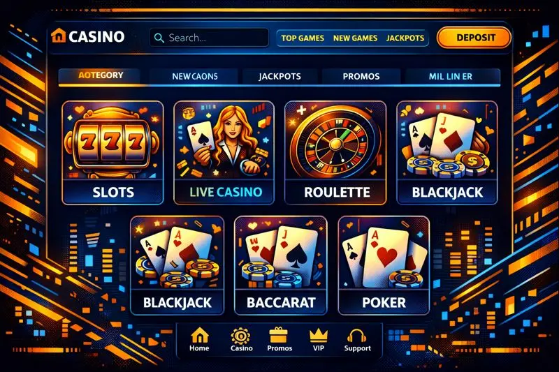 Clean casino site popular interface showing categories and quick navigation.