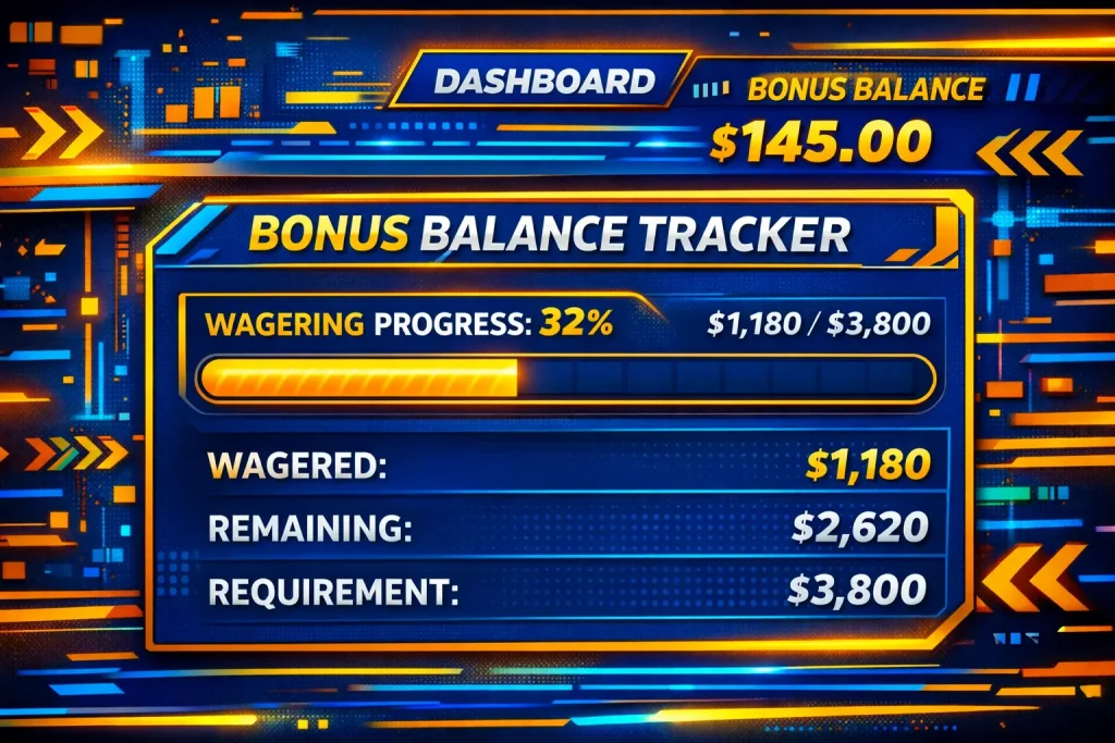 Bonus balance tracker showing wagering progress bar in dashboard